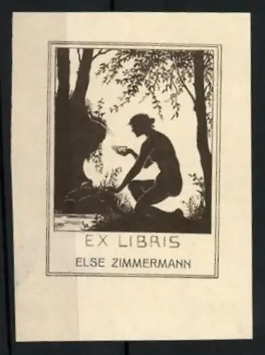 Exlibris Else Zimmermann, Silhouette einer knienden Figur in der Natur