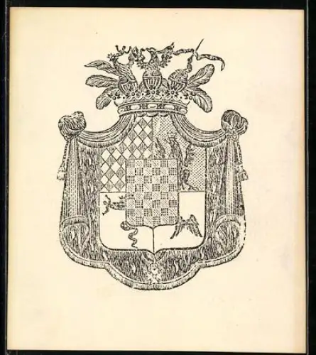 Exlibris Reich verziertes Wappen mit floralen Elementen