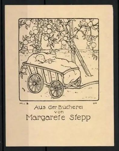 Exlibris Margarete Stepp, Baby im Gartenwagen unter Apfelbaum