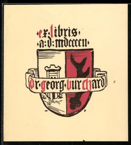 Exlibris Dr. Georg Burchard, Wappen mit Turm und Hirschgeweih