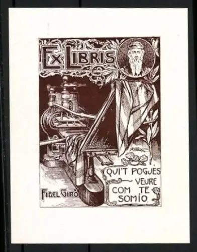 Exlibris Fidel Giró, Portrait und Buchdruckmaschine