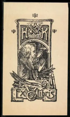 Exlibris H.K., Gelehrter mit Lupe und Bücherstapel
