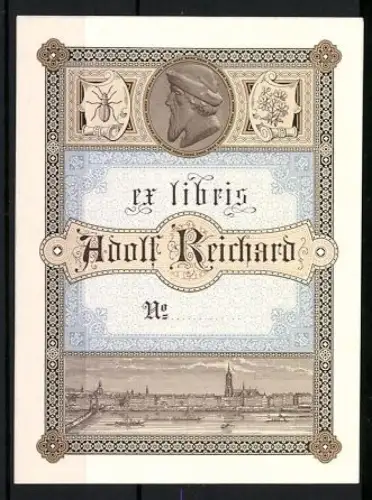 Exlibris Adolf Reichard, Ortsansicht mit Medaillon und Ornamenten