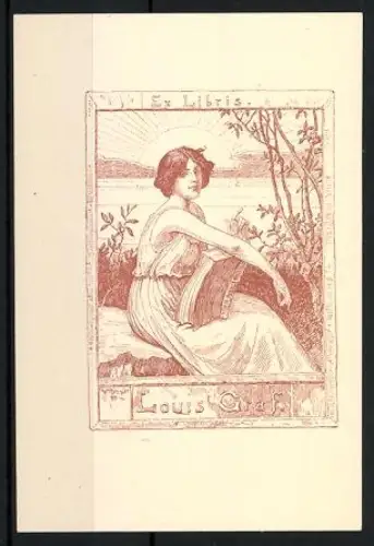 Exlibris Louis Graf, Frau mit Buch am Seeufer in der Natur