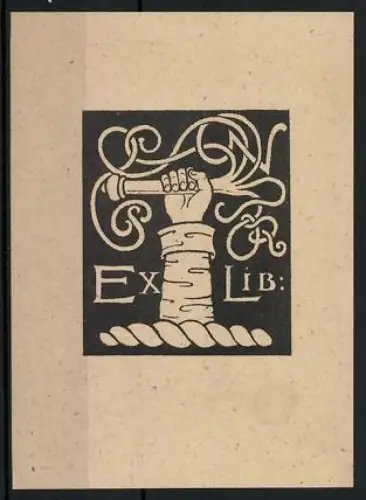 Exlibris Hand mit Ornamenten im Stil eines Wappens