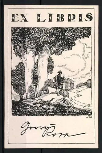 Exlibris Georg Rorn, Landschaft mit Wanderer