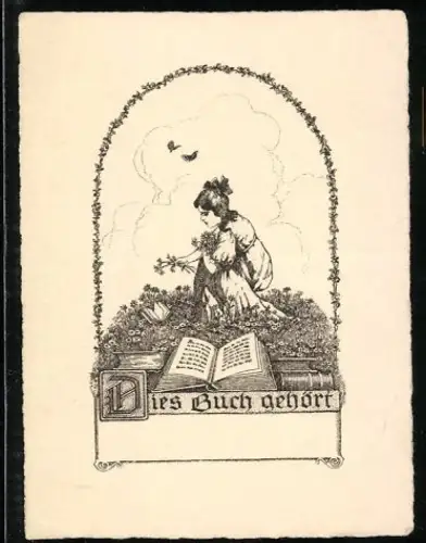 Exlibris Frau im Garten mit Buch und Blumenmotiv