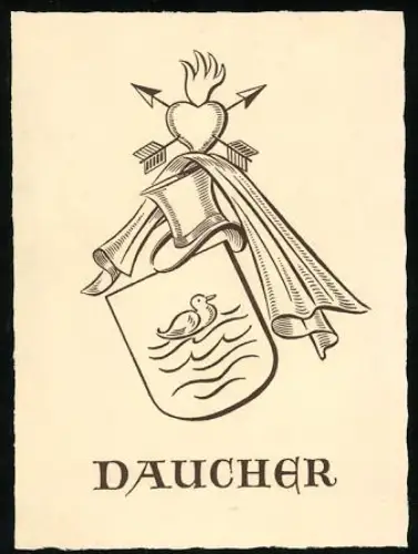 Exlibris Daucher, Herz mit Pfeilen und Wappen mit Ente