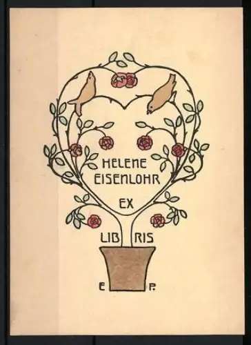 Exlibris Helene Eisenlohr, Herzbaum mit Vögeln und Rosen