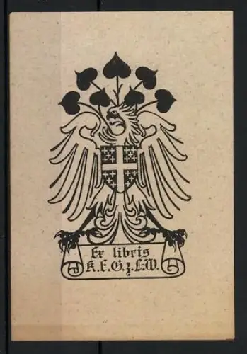 Exlibris K.F.G. & L.W., Wappen mit Adler und Kreuz