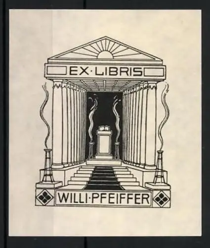 Exlibris Willi Pfeiffer, Tempel mit Altar und Treppen