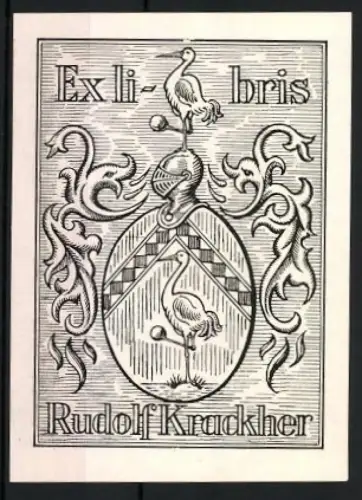 Exlibris Rudolf Krackher, Wappen mit Storch und Ornamenten
