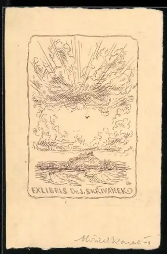 Exlibris Dr. J. Skrivánek, Landschaft mit Wolken und Strahlen