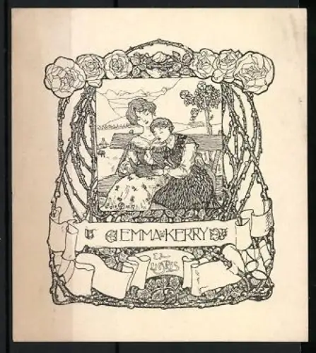 Exlibris Emma Kerry, Zwei Lesende Frauen im Freien