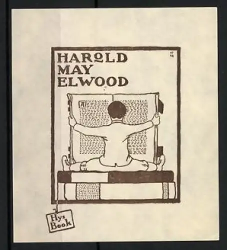 Exlibris Harold May Elwood, Kind liest auf Büchern sitzend
