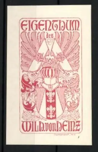 Exlibris Wilh. von Heinz, Wappen und Helm mit Federverzierung