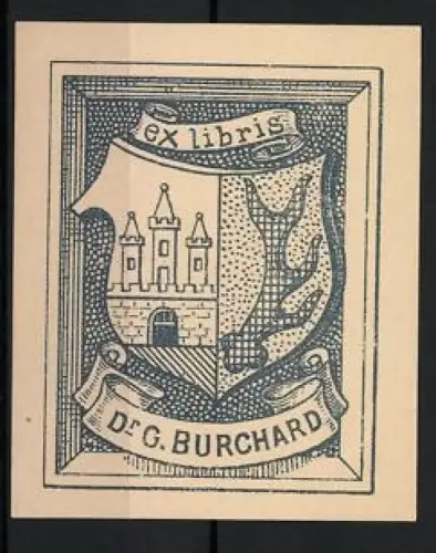 Exlibris Dr. G. Burchard, Wappen mit Burg und Geweih