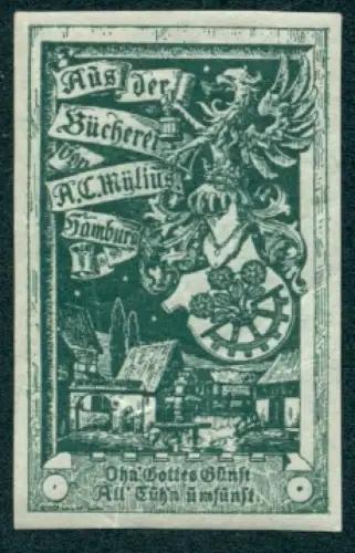 Exlibris A.C. Mylius, Wappen mit Helm über einer Ortspartie