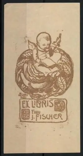 Exlibris Frau J. Fischer, Engel mit Pflanze