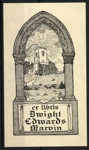 Exlibris Dwight Edwards Marvin, Kirchenlandschaft im gotischen Bogen