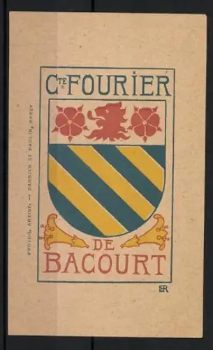 Exlibris Cte. Fourier de Bacourt, Wappen mit Löwe und Blumen