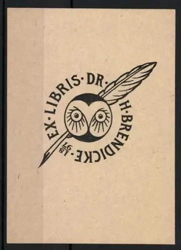 Exlibris Dr. H. Brendicke, Eulenmotiv mit Feder