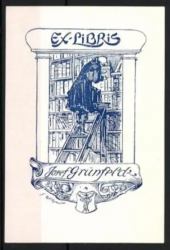 Exlibris Josef Grünfeld, Gelehrter in Bibliothek