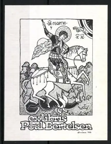 Exlibris Poul Bertelsen, Reiter auf Pferd mit Drachenmotiv