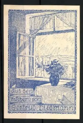 Exlibris Gertrud Hildmann, Ausblick aus dem Fenster mit Pflanze auf Tisch