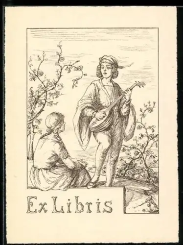 Exlibris Mann mit Laute steht vor einer jungen Frau