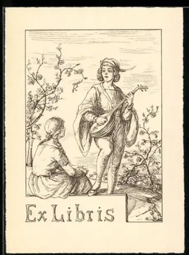 Exlibris mit Musikant und Zuhörerin im Garten