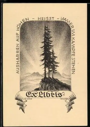 Exlibris mit Baum auf Berg, Ausharren auf Höhen, heisst immer im Kampfe stehen