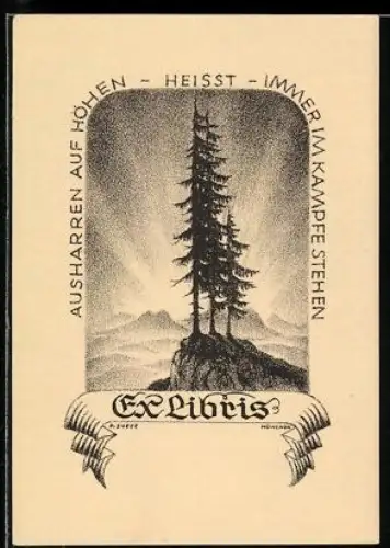 Exlibris mit Motiv: Bäume auf Berggipfel, Ausharren auf Höhen, Heisst, Immer im Kampfe stehen