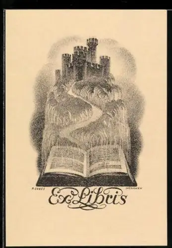 Exlibris Burg vor einem aufgeschlagenen Buch