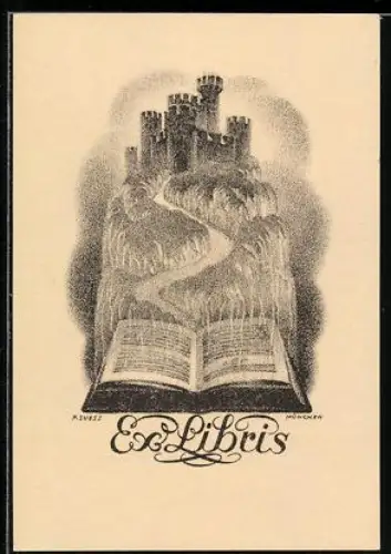 Exlibris Burg vor einem aufgeschlagenen Buch