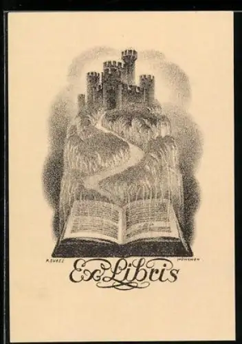 Exlibris Burg vor einem aufgeschlagenen Buch