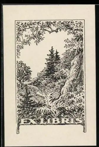 Exlibris Waldlandschaft mit Bäumen und Farnen