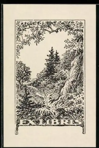Exlibris Waldlandschaft in Schwarz-Weiss