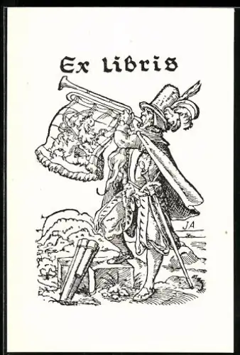 Exlibris Trompeter mit Fahne und Landschaft