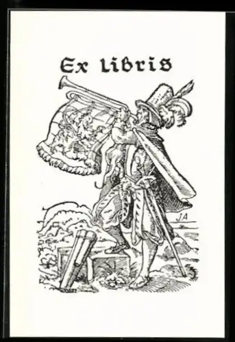 Exlibris Bewaffneter Mann stösst in eine Trompete