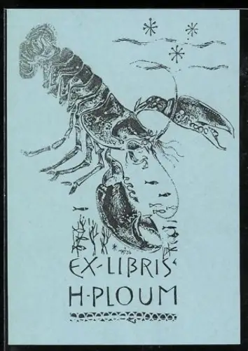 Exlibris H. Ploum, Hummer und Meereslandschaft