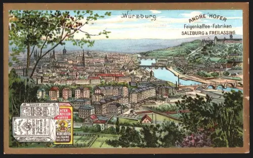 Sammelbild Salzburg, Andre Hofer, Feigen-Kaffee-Fabriken, Blick auf Würzburg