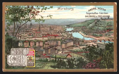 Sammelbild Salzburg, Andre Hofer, Feigen-Kaffee-Fabriken, Blick auf Würzburg