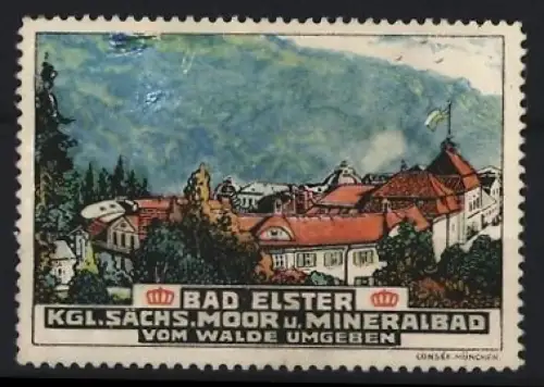 Reklamemarke Bad Elster, Kgl. Sächs. Moor u. Mineralbad, Landschaftspanorama