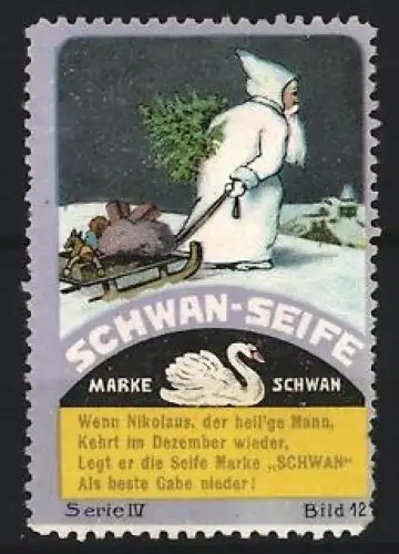 Reklamemarke Schwan-Seife, Nikolaus mit Schlitten, Schwan-Symbol
