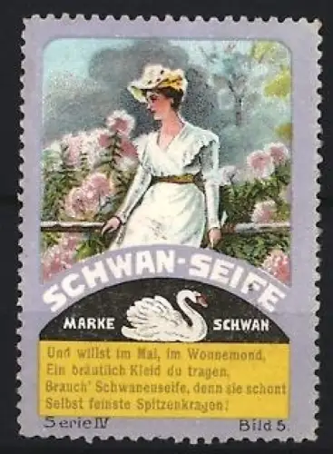 Reklamemarke Schwan-Seife, Frau im Garten mit Blumen und Schwan-Logo