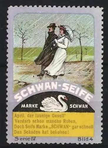Reklamemarke Schwan-Seife, Marke Schwan, Spaziergänger im Wind