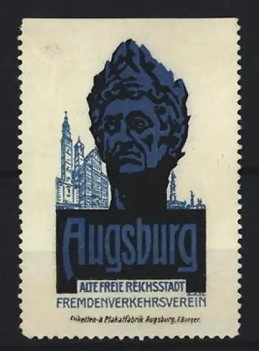 Reklamemarke Augsburg, Fremdenverkehrsverein, Büste und Gebäude im Hintergrund