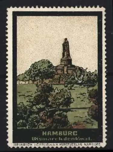 Reklamemarke Hamburg, Bismarckdenkmal, Statue und Parklandschaft