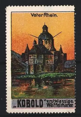 Reklamemarke Kobold, Waffeln, Schloss am Fluss, Vater Rhein
